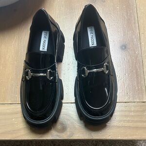 Steve Madden Glossy Black Loafers with Silver Detail